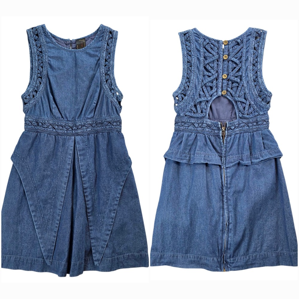 Free People New Romantics Denim Cutout Woven Peplum Layered Boho Dress‎ Size 4